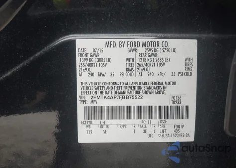 2015 Ford Edge Sport из США, поврежденный, VIN 2FMTK4AP7FBB75522